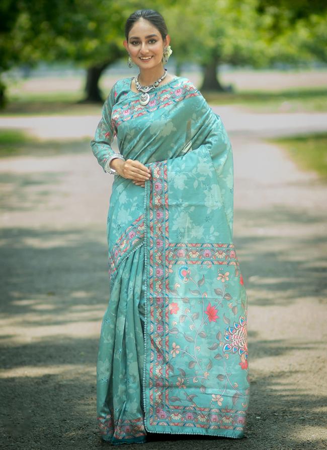 Silk Sky Blue Wedding Wear Embroidery Work Saree